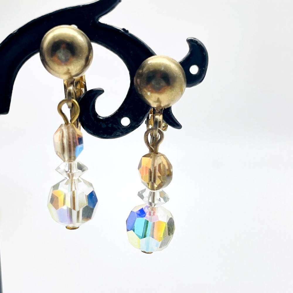 Vintage Clip On Earrings Aurora Borealis Crystal Bead Dangle Gold Tone